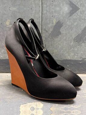 CELINE PHOEBE PHILO ERA Black Satin Mary Jane Wedge Heel Shoes Sz EU 38 US 8